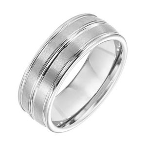 8mm Tungsten Carbide Comfort Fit Gents Band with Center Brush Finish and Bright Polished Round Center Grooves and Rims