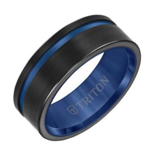 Black and Blue Tungsten Engraved Band Gents Ring