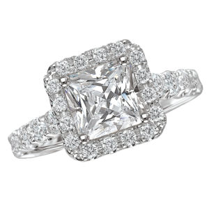 Square Halo Diamond Ring with Round Micro-Set Side Stones in 14kt White Gold. (D 3/4 carat total weight) This item is a SEMI-MOUNT and it comes with NO CENTER STONE as shown but it will accommodate a 5.5mm princess cut center stone.
