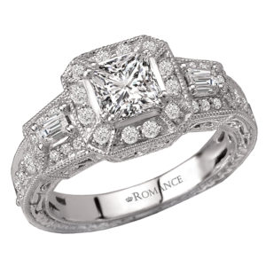 Round and Baguette Diamond Ring in 14kt White Gold. (D. 1/2 carat total weight) This item is a SEMI-MOUNT and it comes with NO CENTER STONE as shown but it will accommodate a 5-5.5mm princess cut center stone.