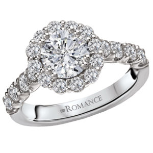 Round Halo Micro-Set Diamond Ring in 14kt White Gold. (D 7/8 carat total weigh) This item is a SEMI-MOUNT and it comes with NO CENTER STONE as shown but it will accommodate a 6.5mm round center stone.