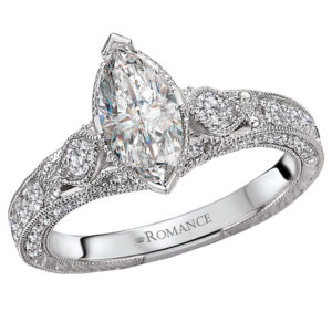 Diamond Ring in 14kt White Gold with Milgrain Detail. (D. 3/8 carat total weight) This item is a SEMI-MOUNT and it comes with NO CENTER STONE as shown but it will accommodate a 10x5mm marquise cut center stone.