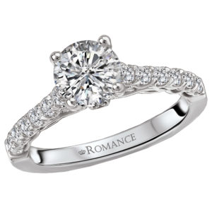 Diamond Engagement Ring in 14kt White Gold. (D 3/8 carat total weight) This item is a SEMI-MOUNT and it comes with NO CENTER STONE as shown but it will accommodate a 6.5mm round center stone.