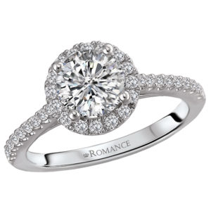 Round Halo Diamond Engagement Ring in 14kt White Gold. (D 1/4 carat total weight) This item is a SEMI-MOUNT and it comes with NO CENTER STONE but it will accommodate a 6.5mm round center stone.