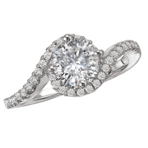 Diamond Romance Engagement Ring in 14kt White Gold with Swirl Design. (D. 1/4 carat total weight) This item is a SEMI-MOUNT and it comes with NO CENTER STONE as shown but it will accommodate a 6.5mm round center stone.