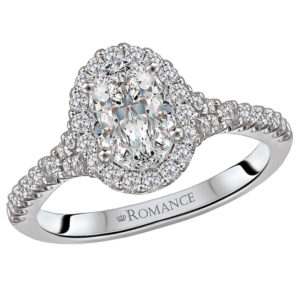 Oval Shaped Halo Diamond Ring in 14kt White Gold. (D 1/3 carat total weight) This item is a SEMI-MOUNT and it comes with NO CENTER STONE but it will accommodate a 7.5x5.5mm oval center stone.
