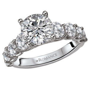 Graduated Diamond Ring in 14kt White Gold. (D 1-3/8 carat total weight) This item is a SEMI-MOUNT and it comes with NO CENTER STONE as shown but it will accommodate a 8.2mm round center stone.