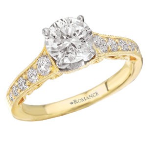 Graduated Diamond Engagement Ring in 14kt Yellow Gold with a Peg Head Center Setting and Milgrain Detail. (D. 3/8 carat total weight) This item is a SEMI-MOUNT and it comes with NO CENTER STONE as shown but it will accommodate a 6.5mm round center stone.