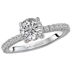 This timeless classic bridal ring is designed in 14k white gold with a fancy peg head center will accommodate a 6.5mm round center stone. (D 1/3 carat total weight)