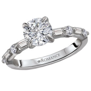 This beautiful ring showcases sparkling round and baguette diamonds set in high polished 14kt white gold. (D 1/3 carat total weight) This ring is a SEMI-MOUNT and it comes with NO CENTER STONE as shown but it will accommodate a 6.5mm round center stone.