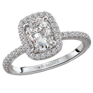 Beautiful bridal ring features an oval halo lined with round faceted diamonds set in high polished 14k white gold. (D 1/3 carat total weight) This ring is a SEMI-MOUNT and it comes with NO CENTER STONE as shown but it will accommodate a 7.5x5.5mm oval center stone.