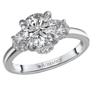 Beautiful trellis bridal ring showcases a unique 3-stone look created with round sparkling diamonds set in high polished 14k white gold. (D 3/8 carat total weight) This SEMI-MOUNT ring comes with NO CENTER STONE but it will accommodate a 7.4mm round center.