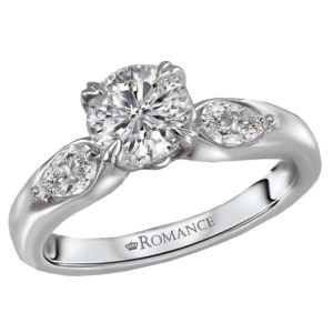 Engagement ring features 2 pear shaped sparkling diamonds set in high polished 14kt white gold that surrounds the center setting. (D 3/8 carat total weight) This SEMI-MOUNT ring comes with NO CENTER STONE as shown but it will accommodate a 6.5mm round center stone.