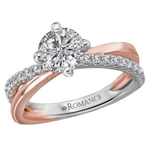Dazzling engagement ring created in high polished 14kt white and rose gold showcases brilliant cut diamonds aligning the criss cross shank surrounding the center stone setting that will accommodate a round 6.5mm diamond or gemstone. (D 1/5 carat total weight)