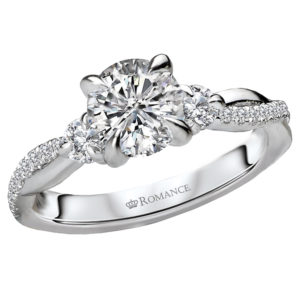 This engagement ring wraps your finger in high polished 14kt white gold with a 3-stone setting that will accommodate a round 6.5mm diamond center. (D 3/8 carat total weight) This ring is a SEMI-MOUNT and it comes with NO CENTER STONE as shown but it will accommodate a 6.5mm round center.