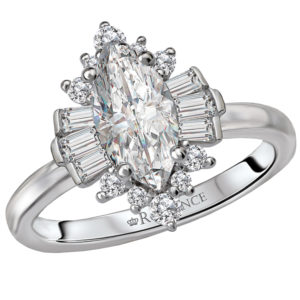 This stunning semi-mount engagement ring has a halo of sparkling baguette diamonds set in high polish 14kt white gold. The center setting will accommodate a 10x5mm marquise cust diamond. (D 3/8 carat total weight)