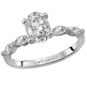 Dazzling engagement ring created in high polished 14kt white gold showcases marquise sparkling diamonds surrounding the center setting that will accommodate an 7.5x5.5mm oval diamond. (D 1/4 carat total weight)