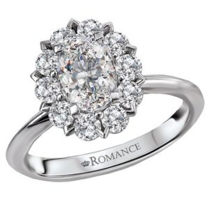 This bridal ring displays a gorgeous oval shaped halo with faceted diamonds set in high polished 18kt white gold. (D 5/8 carat total weight) This ring is a SEMI-MOUNT and it comes with NO CENTER STONE as shown but it will accommodate a 7.5x5.5mm oval center stone.