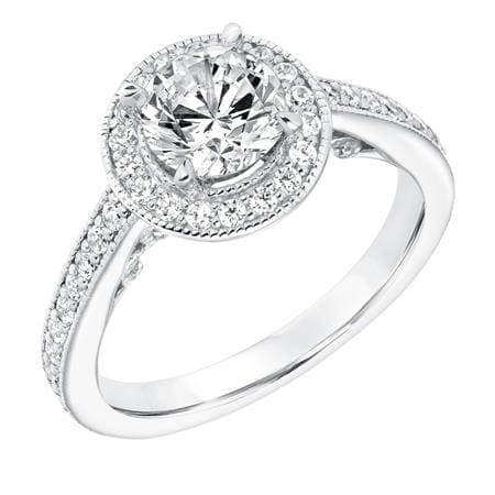 Diamond Halo Engagement Ring with Diamond Shank and Milgrain Detail