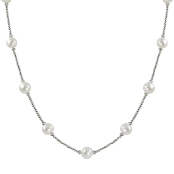 sterling silver diamond cut shimmer beads and features 8-8.5mm freshwater cultured pearls! 18" in length.