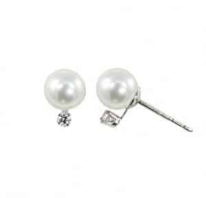 14K white gold 6-6.5mm "A" quality akoya cultured pearl & diamond (.06 ctw) stud earrings. Fine - Good nacre coating with very few visible spots.