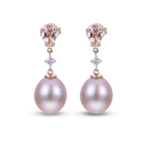 8-8.5mm natural color pink freshwater pearl drop earrings in 14k rose gold featuring diamonds and morganite.