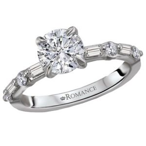This beautiful ring showcases sparkling round and baguette diamonds set in high polished 18kt white gold. (D 1/3 carat total weight) This ring is a SEMI-MOUNT and it comes with NO CENTER STONE as shown but it will accommodate a 6.5mm round center stone.