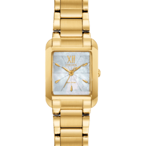 The CITIZEN L Collection represents the epitome of a ladies timepiece, showcasing all the sophistication, style and power that appeal to today's woman. The simplicity of the Citizen L case is partnered with an elegant light white Mother-of-Pearl dial with beveled sapphire crystal. Featured here in gold-tone stainless steel. Featuring our Eco-Drive technology – powered by light, any light. Never needs a battery. Caliber number B035.