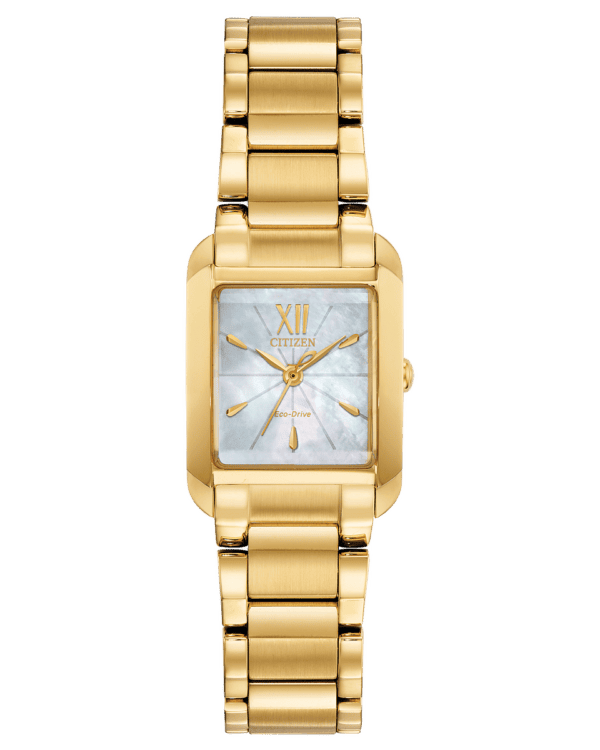 The CITIZEN L Collection represents the epitome of a ladies timepiece, showcasing all the sophistication, style and power that appeal to today's woman. The simplicity of the Citizen L case is partnered with an elegant light white Mother-of-Pearl dial with beveled sapphire crystal. Featured here in gold-tone stainless steel. Featuring our Eco-Drive technology – powered by light, any light. Never needs a battery. Caliber number B035.