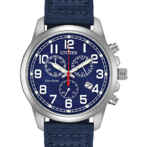 For a rugged look with a comfortable fit, The CITIZEN military-inspired watch fits the bill. A chronograph watch featuring 12/24 hour-time appears in a midnight blue dial with stainless steel case, dark blue nylon strap and date. Featuring our Eco-Drive technology – powered by light, any light. Never needs a battery. Caliber number H500.