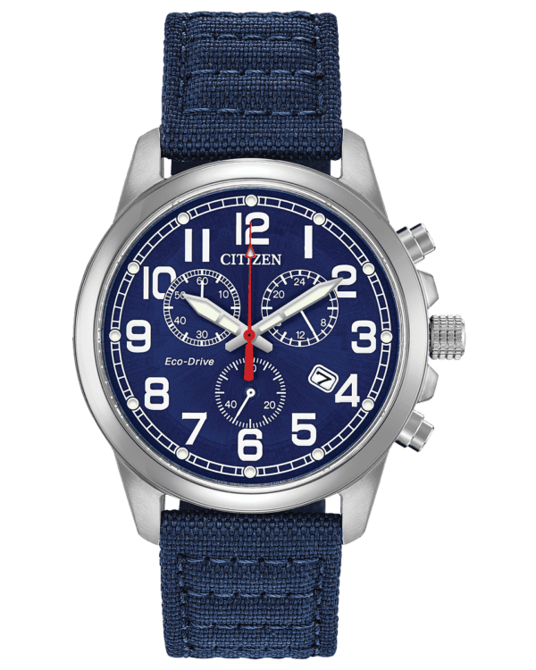 For a rugged look with a comfortable fit, The CITIZEN military-inspired watch fits the bill. A chronograph watch featuring 12/24 hour-time appears in a midnight blue dial with stainless steel case, dark blue nylon strap and date. Featuring our Eco-Drive technology – powered by light, any light. Never needs a battery. Caliber number H500.