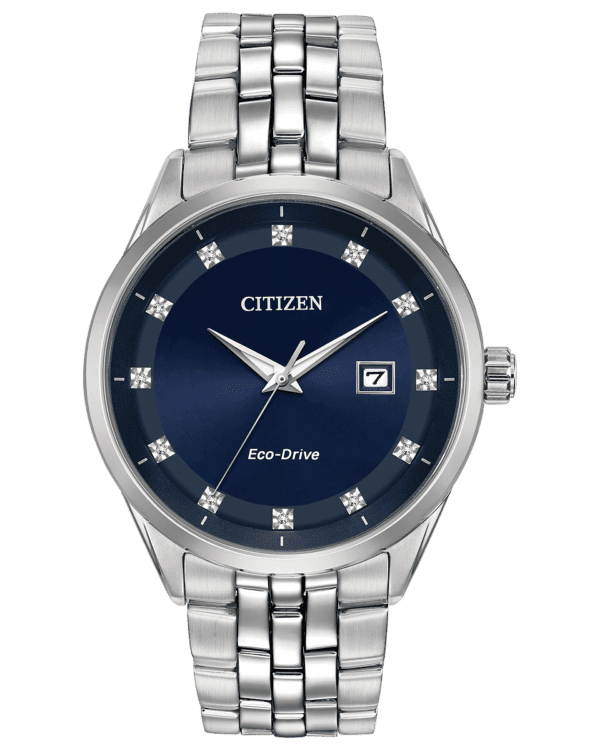 This CITIZEN Corso collection offers timepieces accented with vibrant diamond hour markers in a combination of functional simplicity and a touch of elegance; all powered by any light with Eco-Drive technology, not just solar. Featured here in a men's stainless steel case and bracelet with midnight blue dial and date. Caliber number E111.