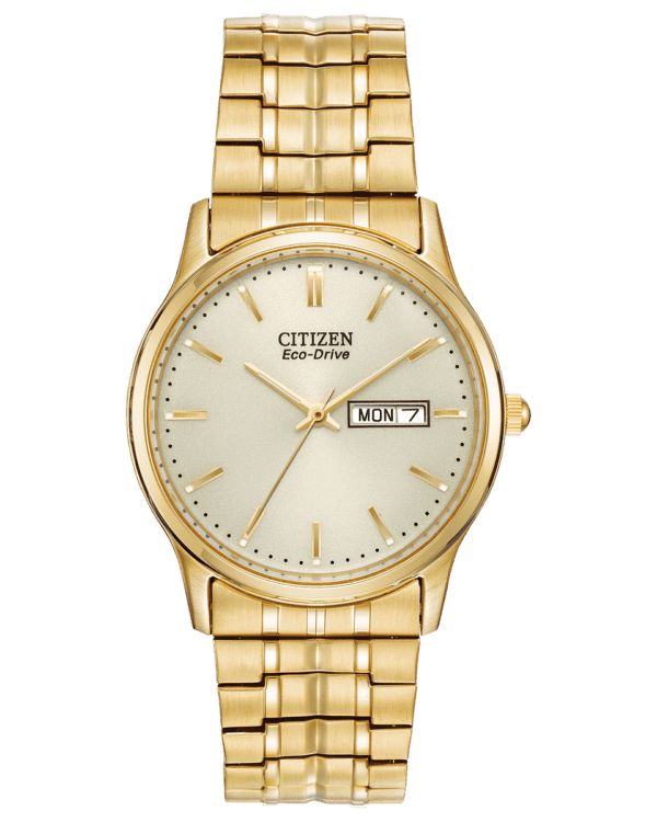 Design and comfort unite in the Citizen Eco-Drive Expansion collection, offering timepieces with universal appeal. Key features of this 3-hand analog watch in stainless steel gold tone include day-date indicator, champagne dial, 36mm case and water resistance. Featuring our Eco-Drive technology – powered by light, any light. Never needs a battery. Caliber number E101.