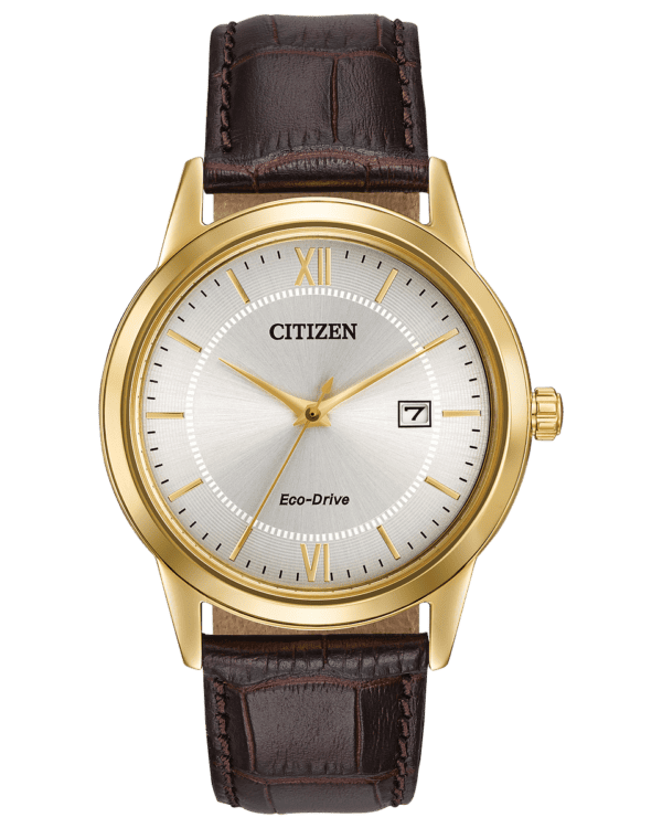 Keep it simple with the classic lines and rich leather strap of these men's CITIZEN® strap watches. Featured with gold-tone stainless steel case, brown leather strap, ivory white dial with gold accents and date. Featuring our Eco-Drive technology – powered by light, any light. Never needs a battery. Caliber number J810.