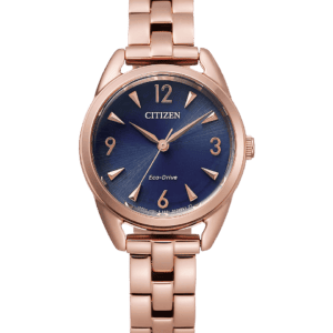 With a rose-gold-tone stainless-steel band and royal blue face, this slim version of the classic Ladies’ Drive watch from Citizen will stand out from the crowd. It features easy-to-read numerals in rose gold-tone and a three-hand dial also in rose-gold-tone, making it practical for daily wear, while also being able to bring elevated style to any wardrobe. This versatile timepiece, powered by our patented Eco-Drive technology, can go wherever life takes you.