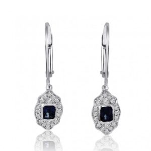 14K White Gold Emerald Cut Sapphire and Diamond Filigree Precious Dangle Earring