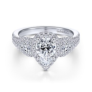 Gabriel 14K White Gold Pear Shape Three Stone Halo Diamond Engagement Ring
