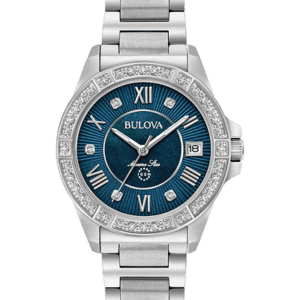 Ladies Bulova Marine Star in stainless steel case with 29 diamonds individually hand set on silver-tone accented bezel and dial, midnight blue mother-of-pearl inner dial, sapphire glass, screw-back case, stainless steel bracelet with double-press deployment closure, and water resistance to 100 meters.