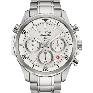 From the Marine Star Collection. Six hand calendar chronograph in stainless steel with silver-tone finish and white dial, flat mineral glass, screw-back case, and fold-over closure with pushers, safety bar and extender.