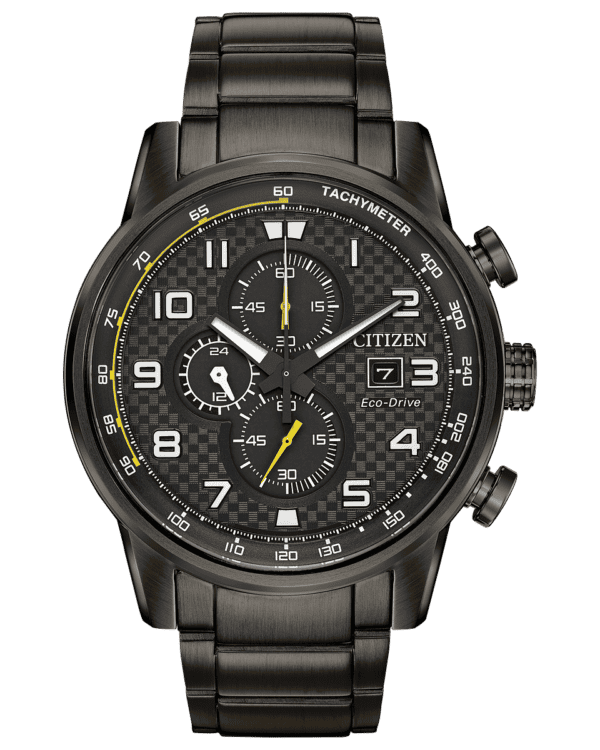 Time to hit the racetrack with the new and improved CITIZEN Primo Chronograph with Eco-Drive technology. A watch that keeps up with your speedy lifestyle, shown here with a men's grey ion-plated stainless steel case and bracelet with a jet black dial with bright yellow accents. A 1/5th second chronograph with 12/24-hour time and date. Caliber number B612.