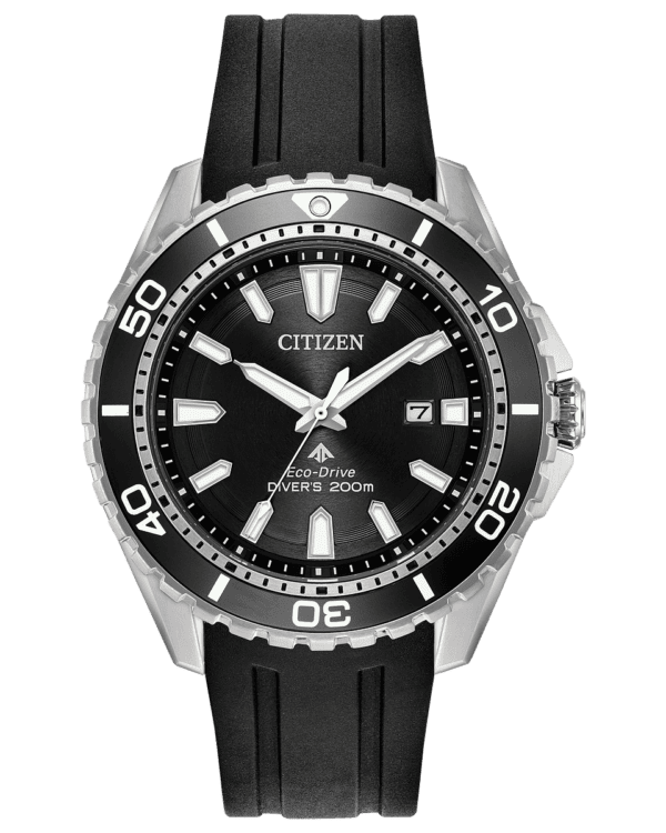 Proof that a dive watch can be fun & functional with the CITIZEN ISO-compliant Promaster Diver. With Eco-Drive technology, it is powered by light and never needs a battery, so you'll never need to open your caseback or compromise your dive again. Featured in black polyurethane strap, stainless steel with bold black aluminum bezel and matching black dial, one-way rotating elapsed time and WR200. Caliber number E168.