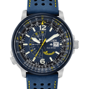 CITIZEN Blue Angels Nighthawk seen here with a navy blue ion-plated stainless steel case, navy blue leather strap and navy blue dial with bright yellow accents