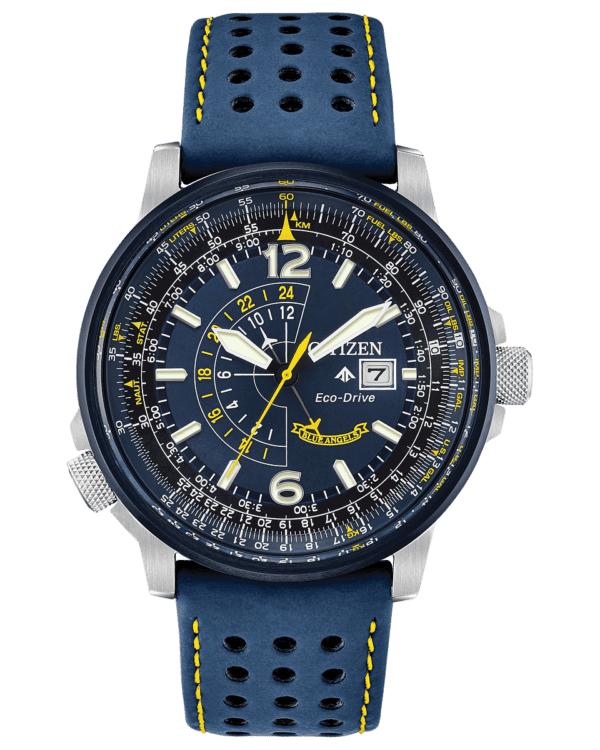 CITIZEN Blue Angels Nighthawk seen here with a navy blue ion-plated stainless steel case, navy blue leather strap and navy blue dial with bright yellow accents