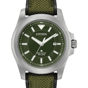 Test the extremes with the brand new CITIZEN Promaster Tough series. Living up to its name, this timepiece features a monocoque case (2 piece construction resulting in no caseback) resulting in extreme rigidity, shock resistance and anti-magnetism. Super Titanium™ coating on a stainless steel case allowing for anti-rust, scratch resistance, hypo-allergenic and 5X harder than stainless steel. Other features include military green Cordura® ballistic fabric strap, anti-reflective sapphire crystal, super LumiNova hands and markers and ability to function in extreme temperatures. Featuring our Eco-Drive technology – powered by light, any light. Never needs a battery. Caliber number E168. * LumiNova® is a registered trademark of NEMOTO &