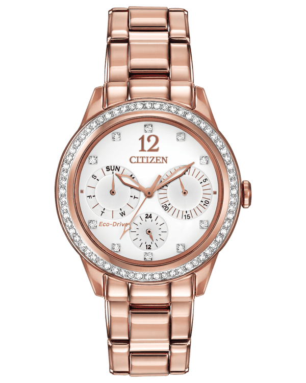 CITIZEN® Silhouette Crystal, fashionable and precise, creates an appeal unlike any other with 64 Swarovski® crystals on the pink gold-tone stainless steel case, pink gold-tone bracelet, 10 Swarovski® crystals on the white dial, 12/24-hour time and analog day/date. Featuring our Eco-Drive technology – powered by light, any light. Never needs a battery. Caliber number 8729.