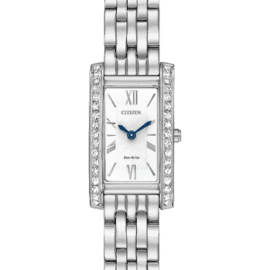 Feminine and sophisticated, this Silhouette timepiece with snow white dial and Swarovski® crystal on the bezel and bracelet hints at the possibility of a fun night out on the town. Featured here in stainless steel. Featuring our Eco-Drive technology – powered by light, any light. Never needs a battery. Caliber number B023.