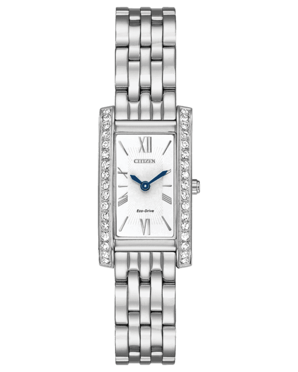 Feminine and sophisticated, this Silhouette timepiece with snow white dial and Swarovski® crystal on the bezel and bracelet hints at the possibility of a fun night out on the town. Featured here in stainless steel. Featuring our Eco-Drive technology – powered by light, any light. Never needs a battery. Caliber number B023.