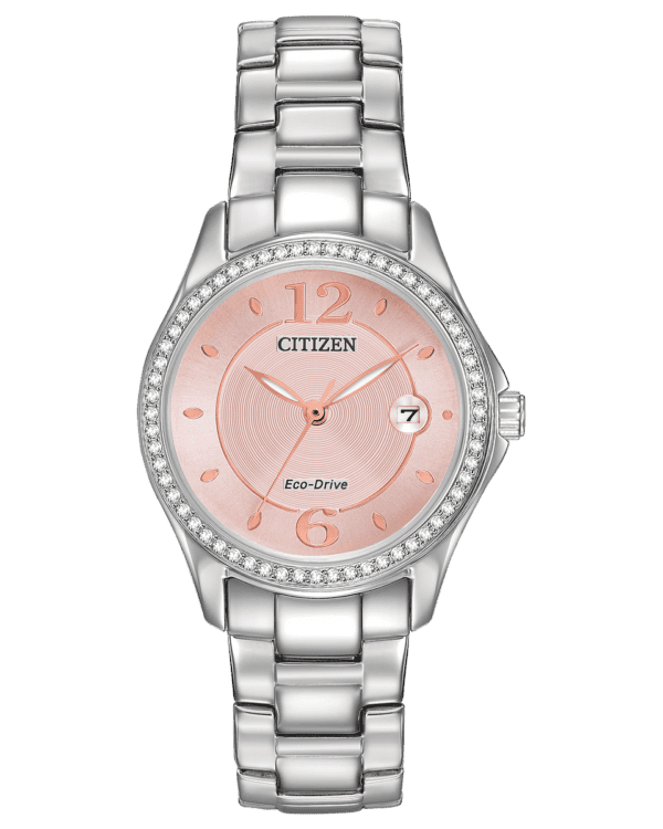 Classic lines and a hint of sophistication allow for this Citizen Silhouette Crystal timepieces to stand out. Shining bright with Swarovski® crystals and featured in a stainless steel case and bracelet with blush pink dial. Includes date feature.Featuring our Eco-Drive technology – powered by light, any light. Never needs a battery. Caliber number J710.