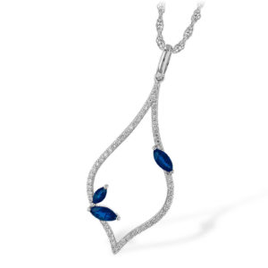 14ktw Open Pendant with 3 Marquise shaped blue sapphires and diamonds on an 18" 14kwg chain