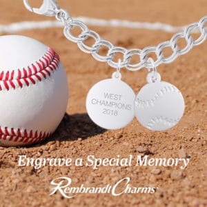 emgraveable charms that look like a baseball on a charm bracelet
